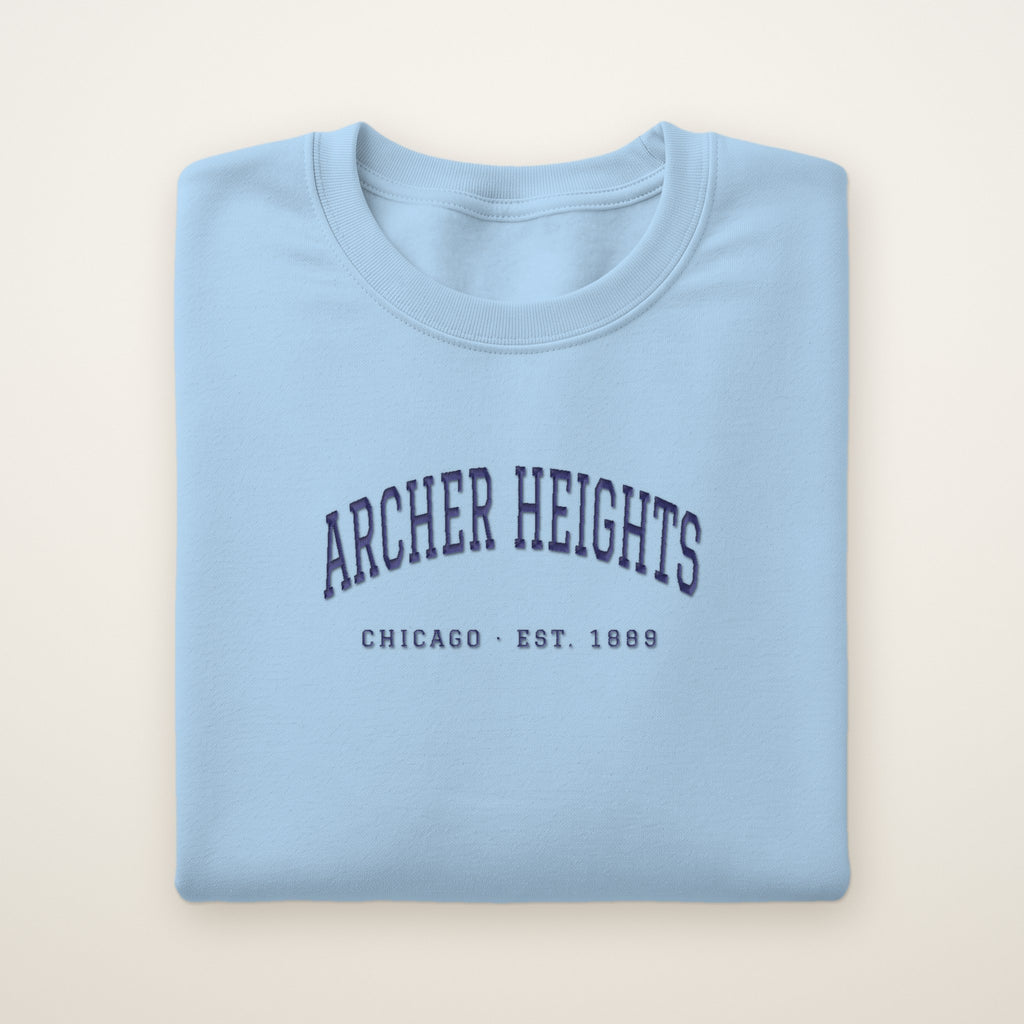 Archer Heights Chicago Embroidered Crewneck — Navy Thread on Light Blue