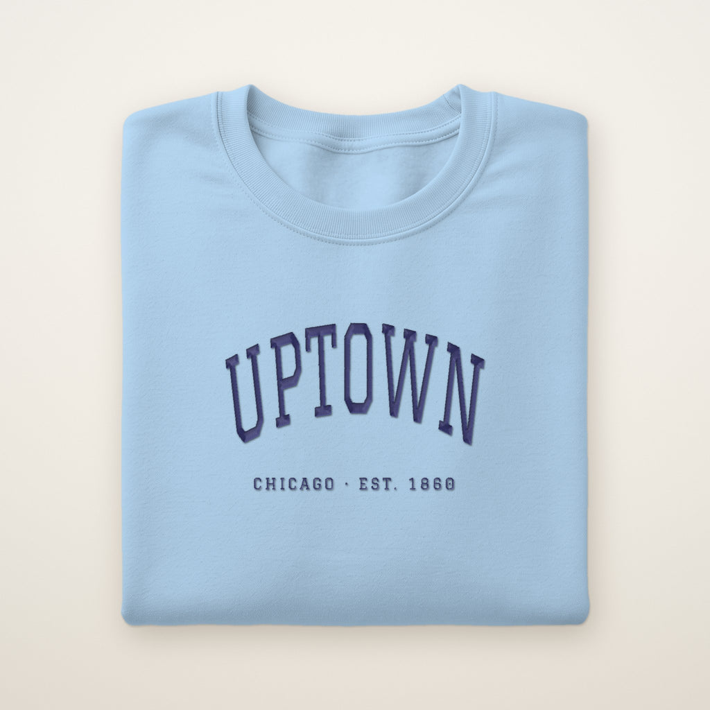 Uptown Chicago Embroidered Crewneck — Navy Thread on Light Blue