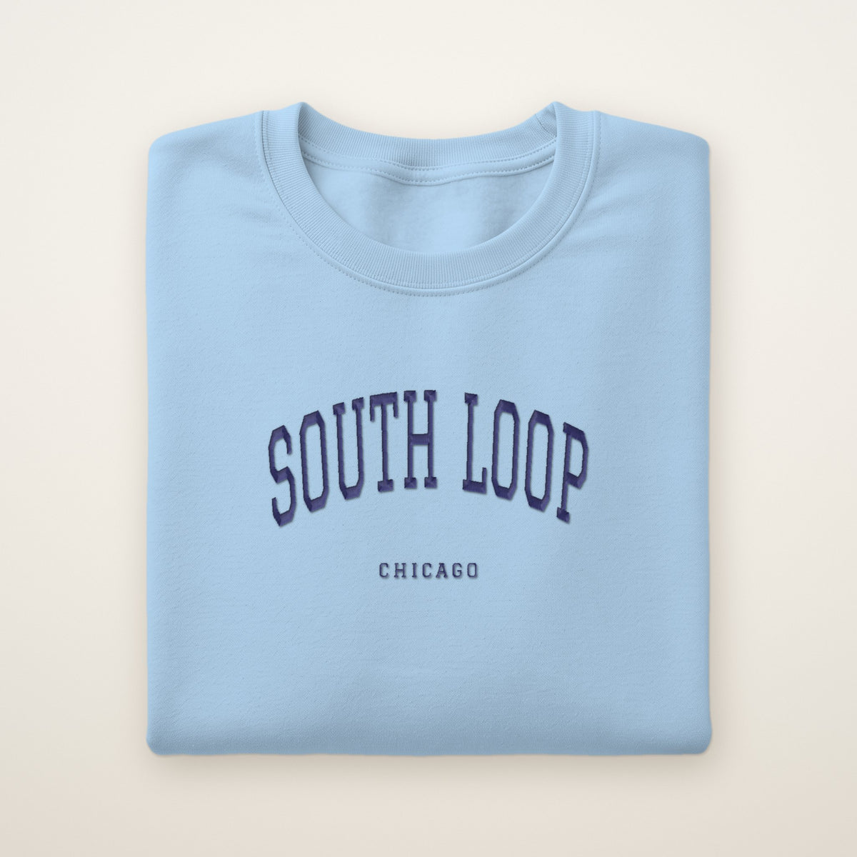 South Loop Chicago Embroidered Crewneck — Navy Thread on Light Blue