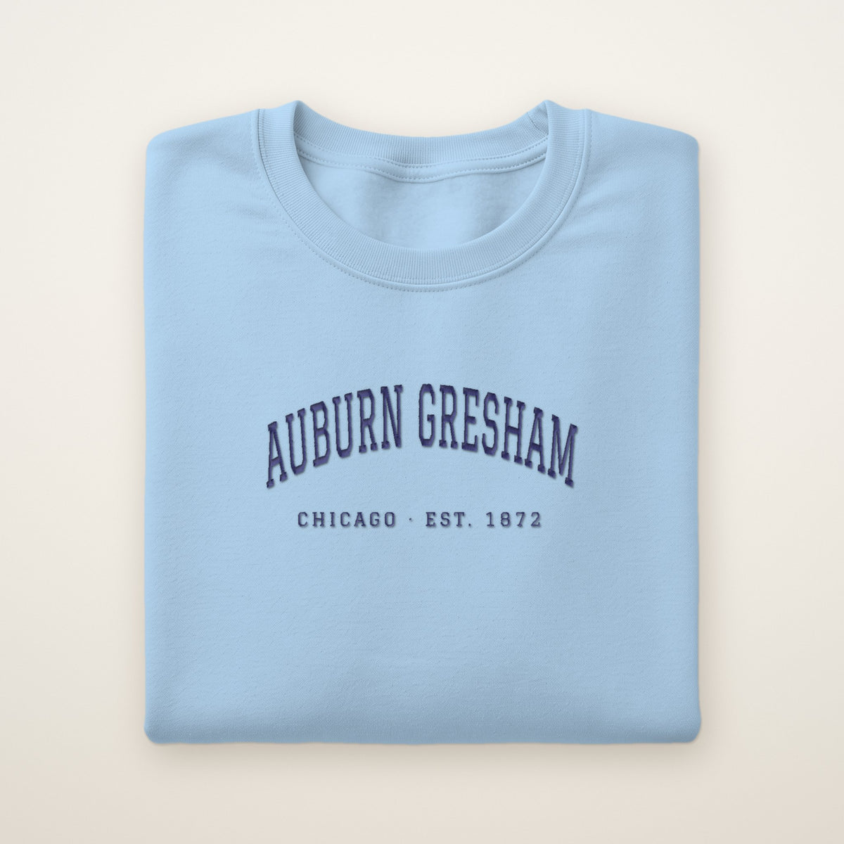 Auburn Gresham Chicago Embroidered Crewneck — Navy Thread on Light Blue