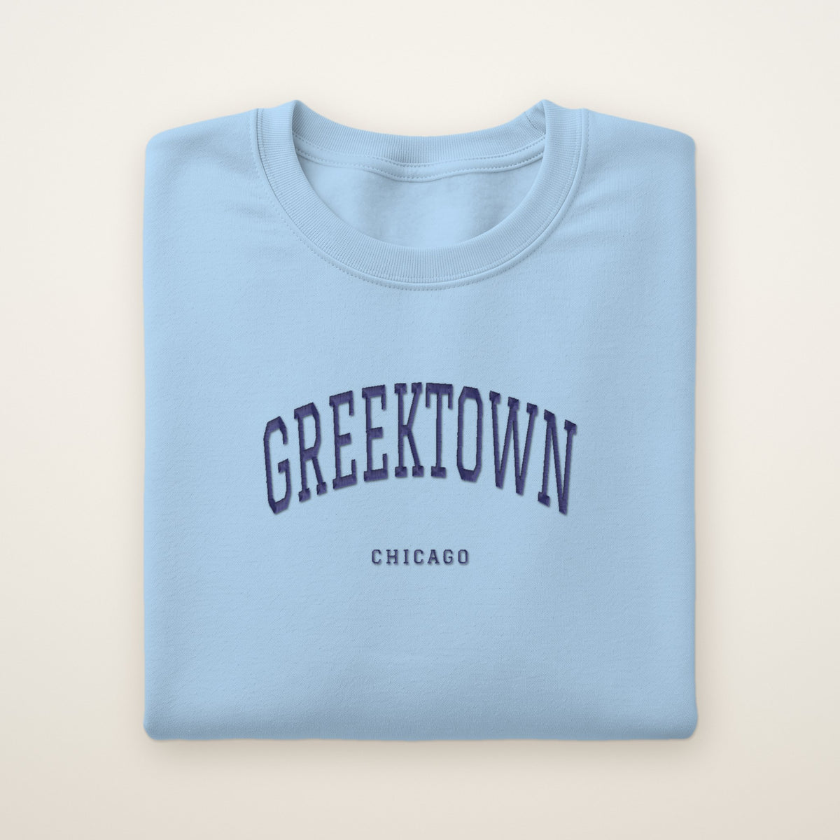 Greektown Chicago Embroidered Crewneck — Navy Thread on Light Blue