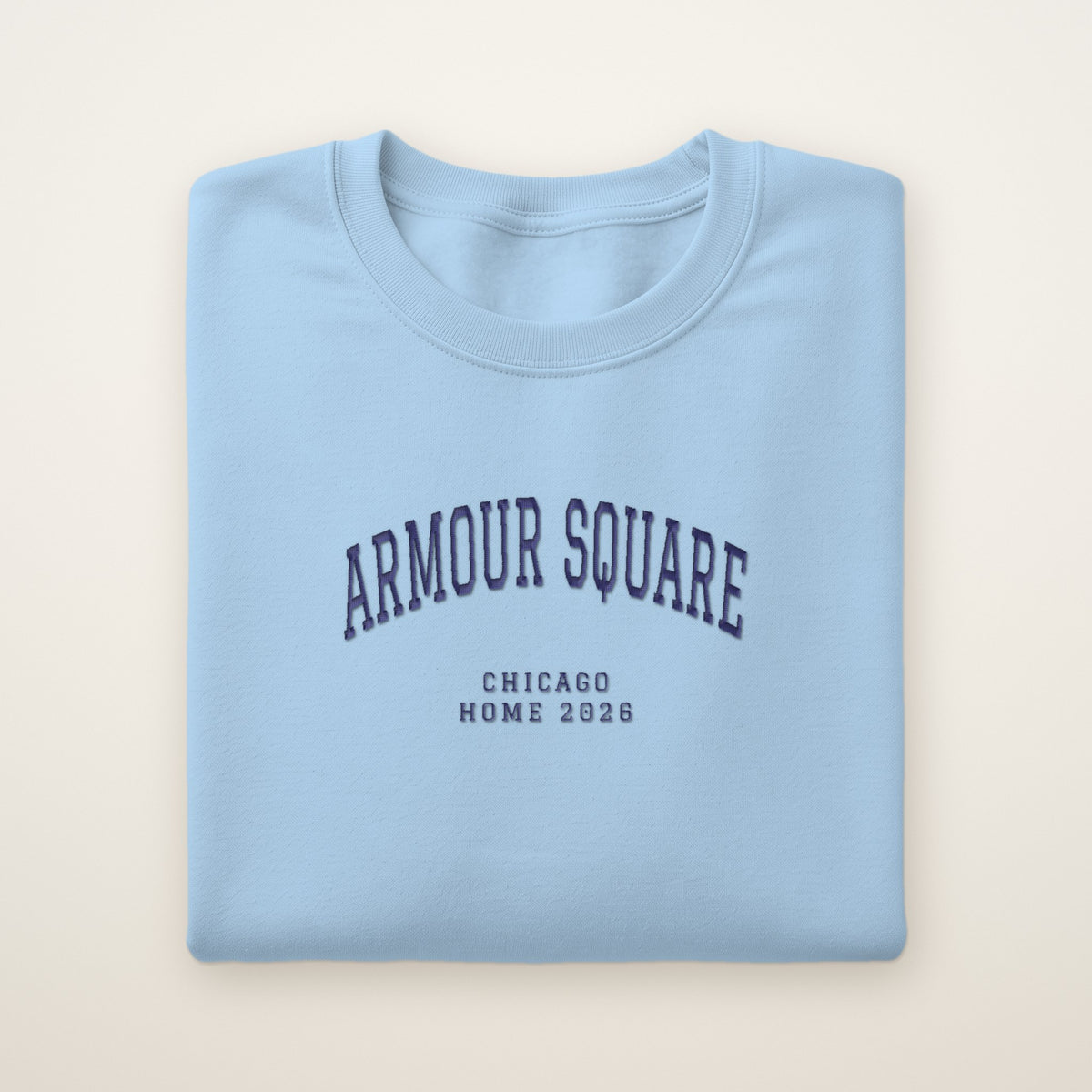 Armour Square Chicago Home 2026 Embroidered Crewneck — Navy Thread on Light Blue