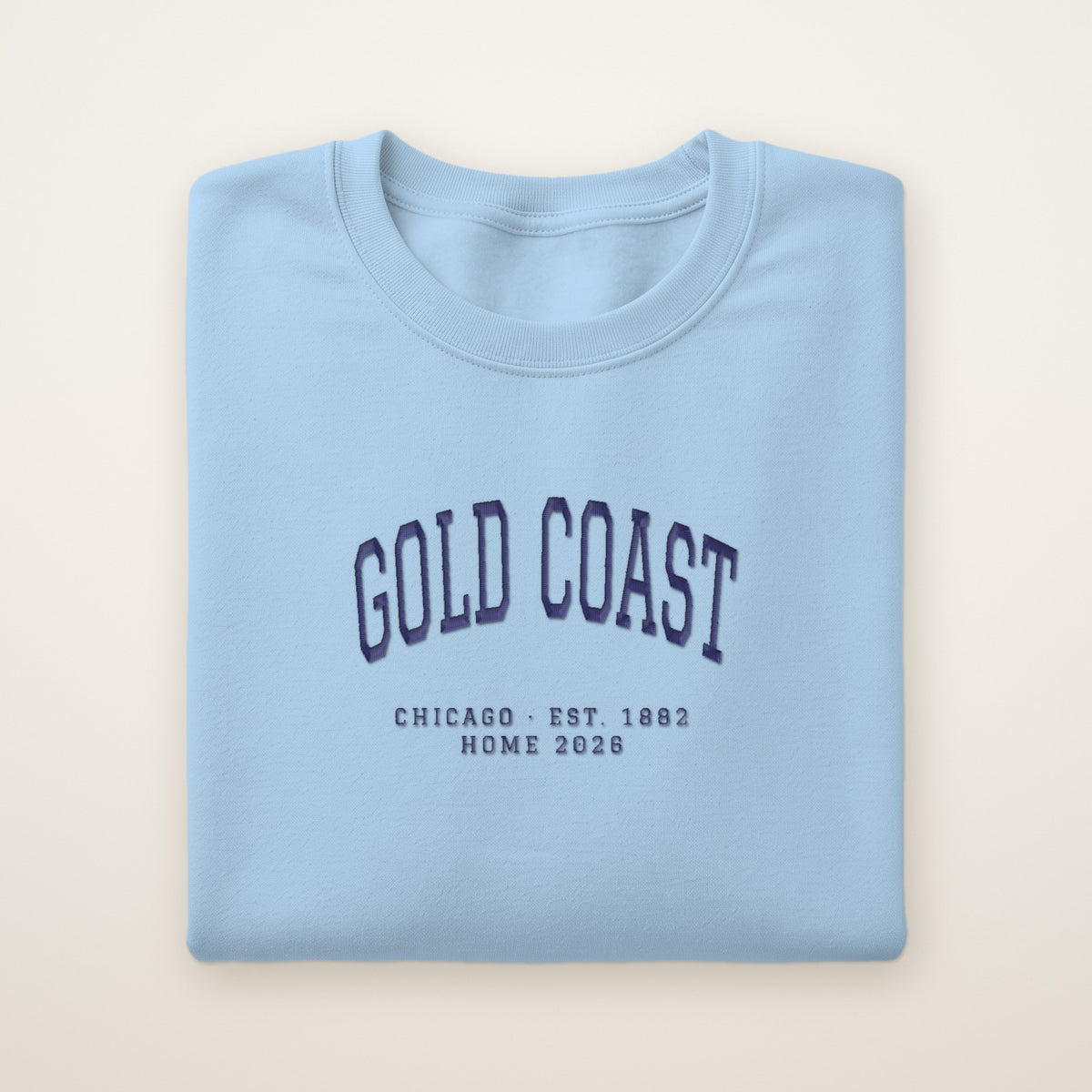 Gold Coast Chicago Home 2026 Embroidered Crewneck — Navy Thread on Light Blue