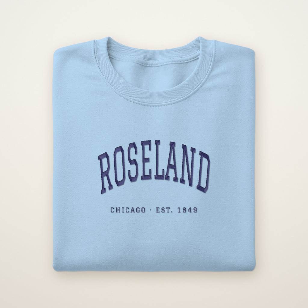 Roseland Chicago Embroidered Crewneck — Navy Thread on Light Blue