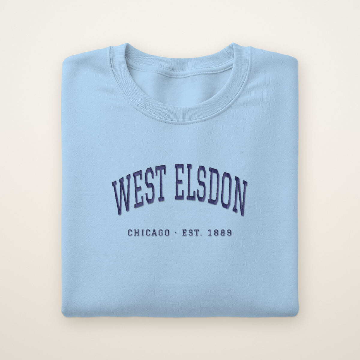 West Elsdon Chicago Embroidered Crewneck — Navy Thread on Light Blue
