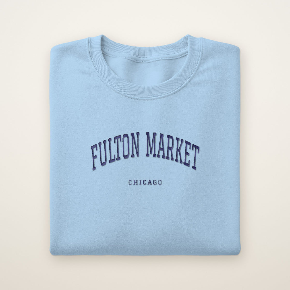 Fulton Market Chicago Embroidered Crewneck — Navy Thread on Light Blue