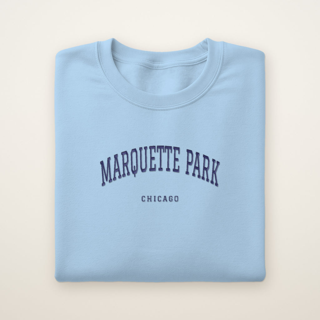 Marquette Park Chicago Embroidered Crewneck — Navy Thread on Light Blue