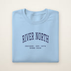 River North Chicago Home 2026 Embroidered Crewneck — Navy Thread on Light Blue