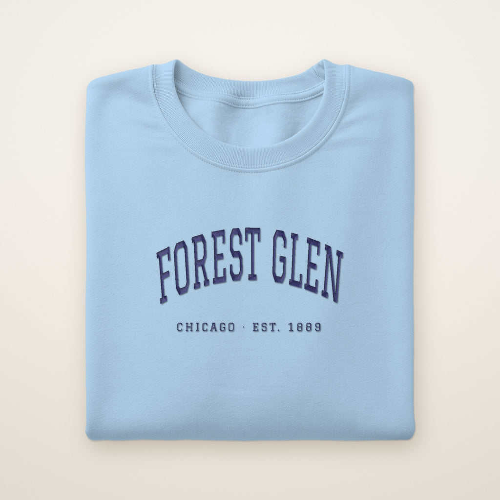 Forest Glen Chicago Embroidered Crewneck — Navy Thread on Light Blue