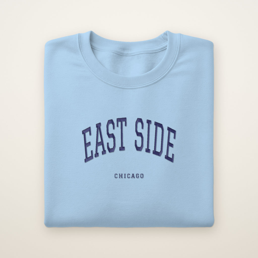 East Side Chicago Embroidered Crewneck — Navy Thread on Light Blue