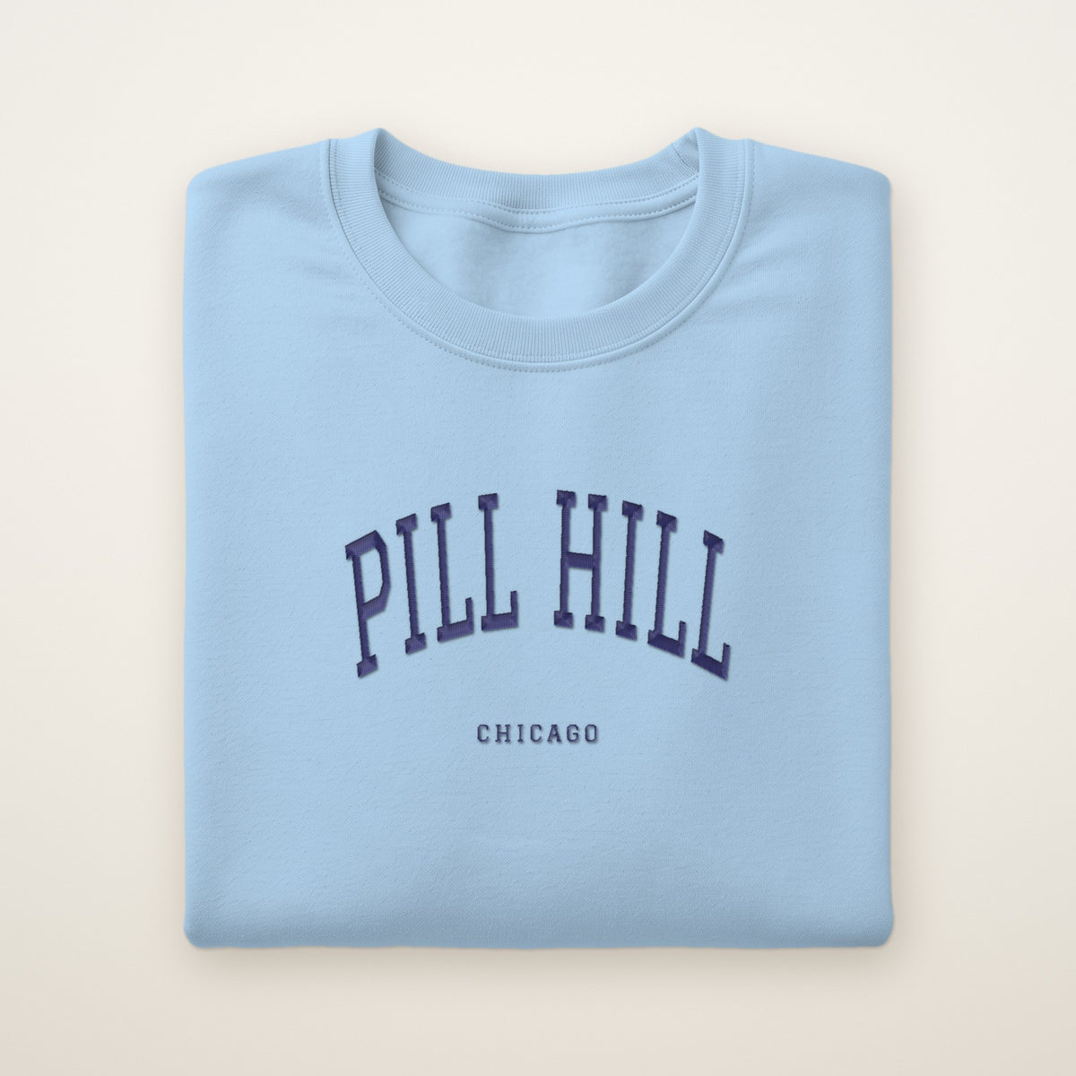 Pill Hill Chicago Embroidered Crewneck — Navy Thread on Light Blue