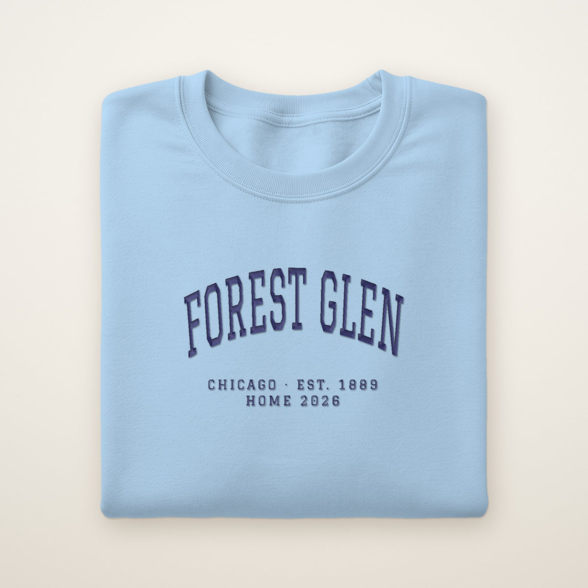 Forest Glen Chicago Home 2026 Embroidered Crewneck — Navy Thread on Light Blue