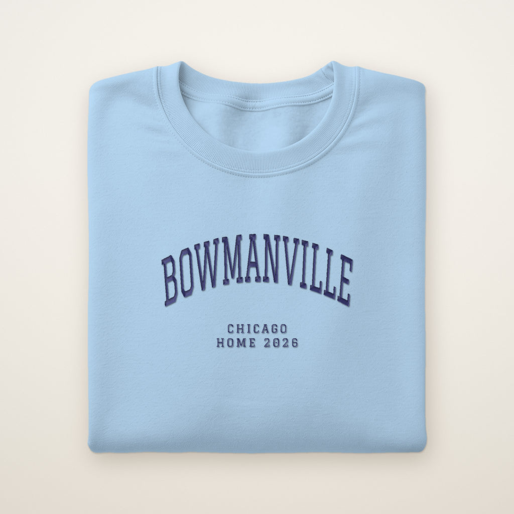 Bowmanville Chicago Home 2026 Embroidered Crewneck — Navy Thread on Light Blue