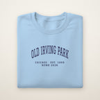 Old Irving Park Chicago Home 2026 Embroidered Crewneck — Navy Thread on Light Blue