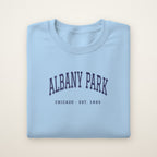 Albany Park Chicago Embroidered Crewneck — Navy Thread on Light Blue