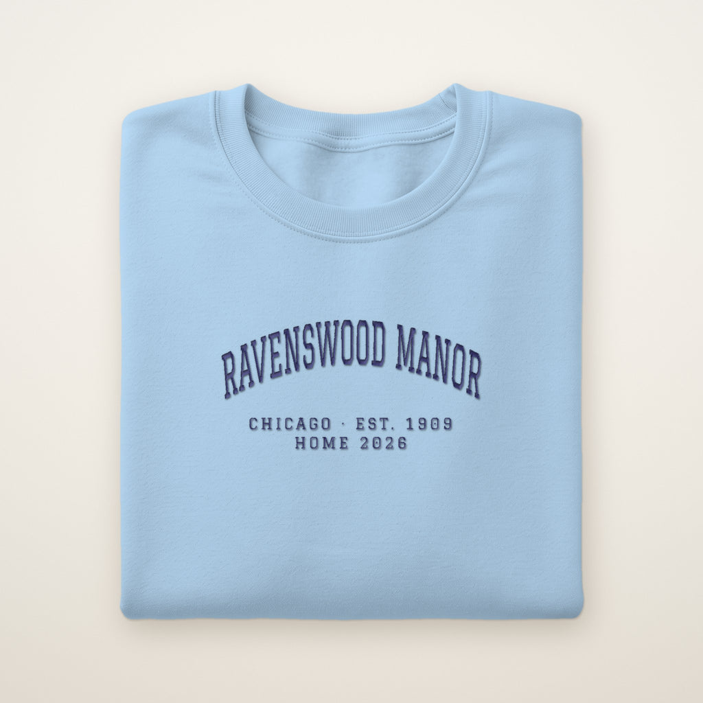 Ravenswood Manor Chicago Home 2026 Embroidered Crewneck — Navy Thread on Light Blue