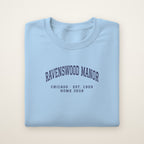 Ravenswood Manor Chicago Home 2026 Embroidered Crewneck — Navy Thread on Light Blue