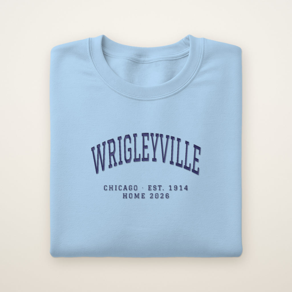 Wrigleyville Chicago Home 2026 Embroidered Crewneck — Navy Thread on Light Blue