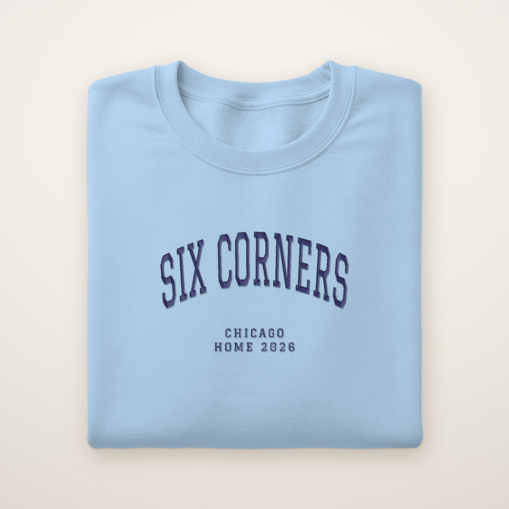 Six Corners Chicago Home 2026 Embroidered Crewneck — Navy Thread on Light Blue