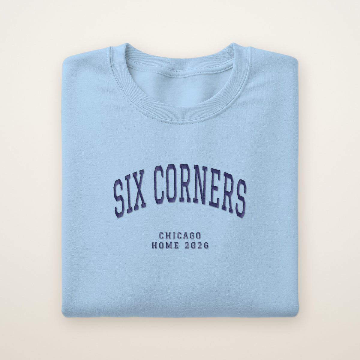 Six Corners Chicago Home 2026 Embroidered Crewneck — Navy Thread on Light Blue