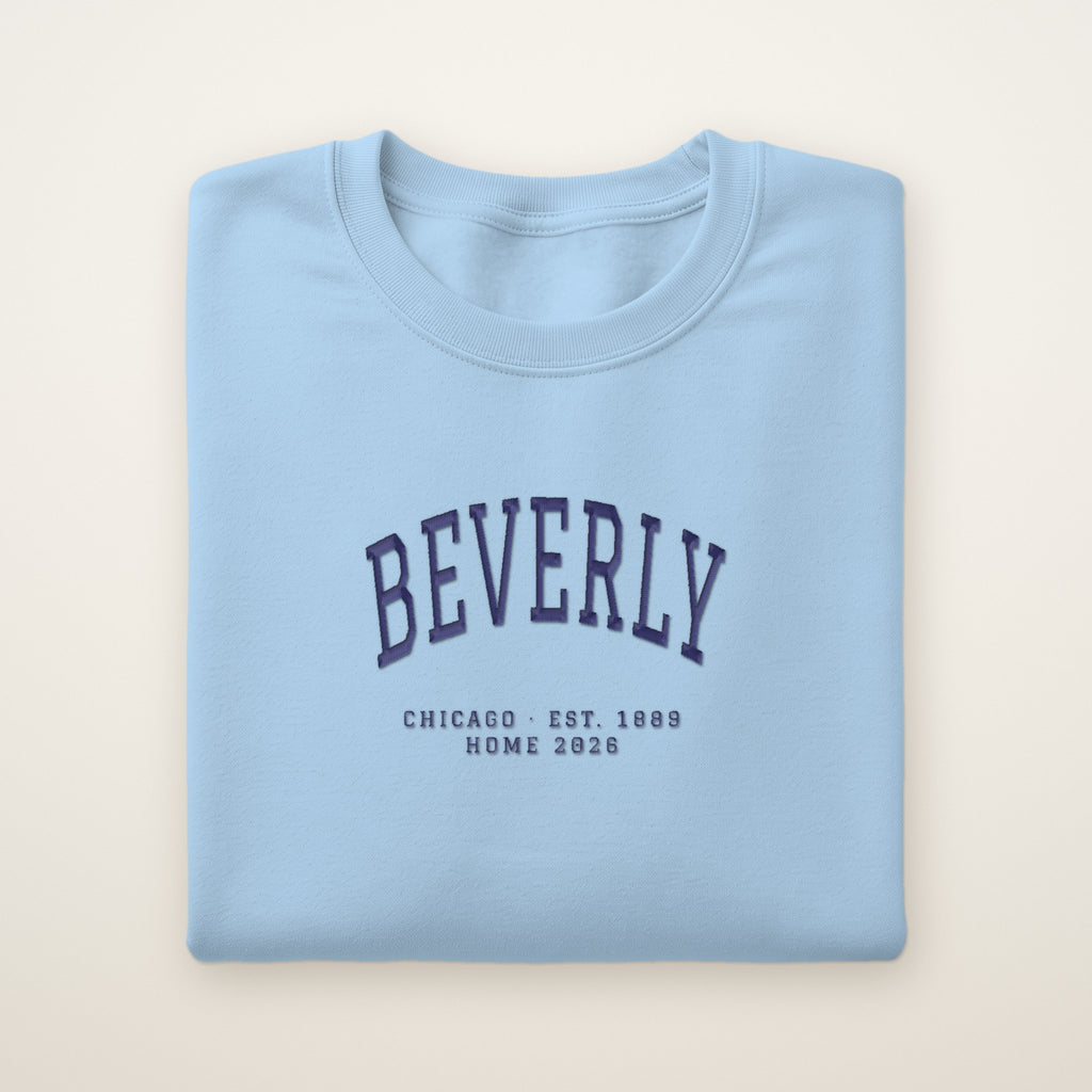 Beverly Chicago Home 2026 Embroidered Crewneck — Navy Thread on Light Blue