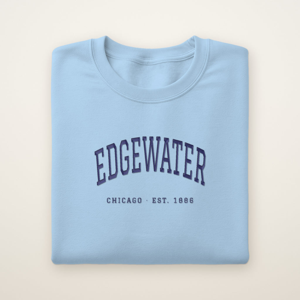 Edgewater Chicago Embroidered Crewneck — Navy Thread on Light Blue