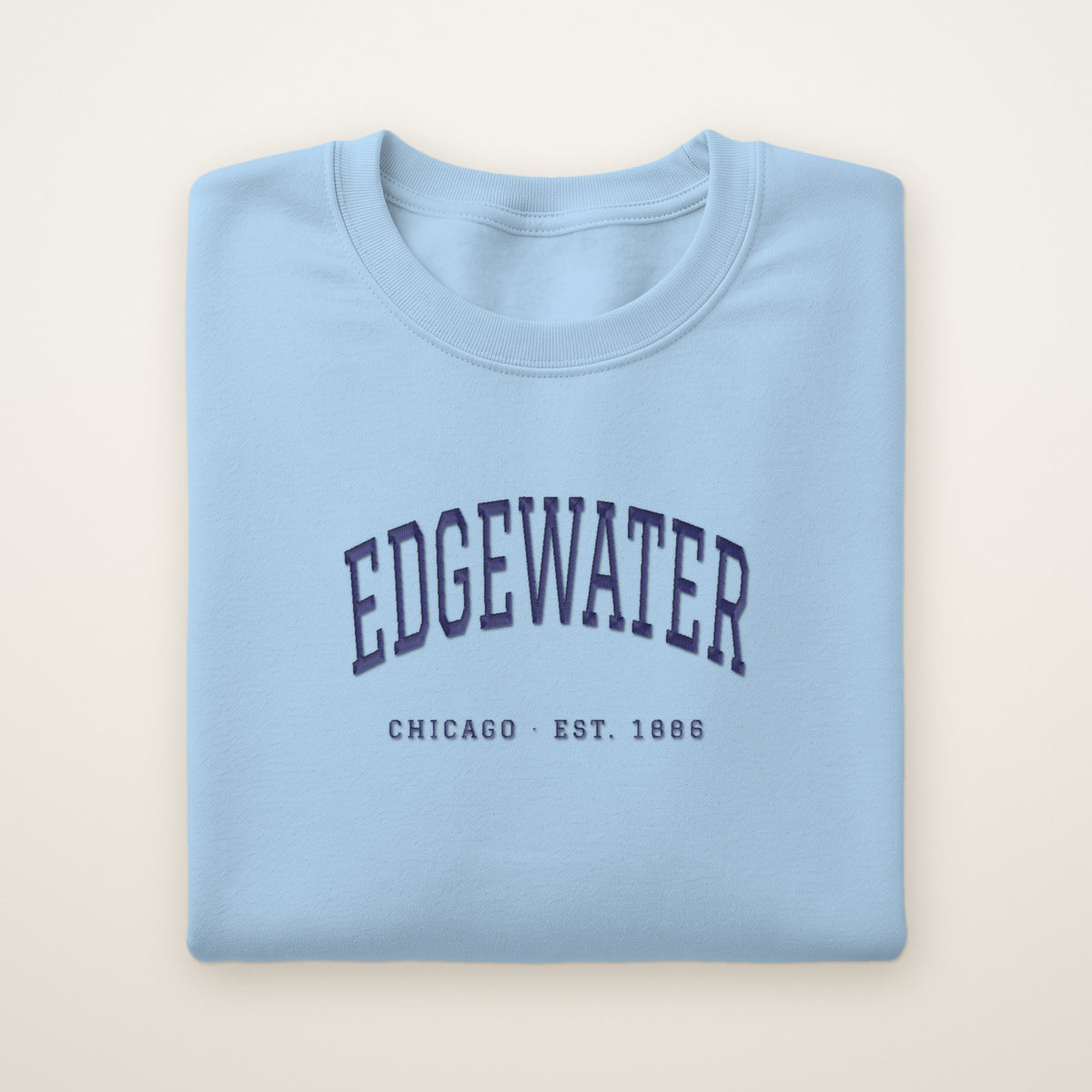 Edgewater Chicago Embroidered Crewneck — Navy Thread on Light Blue