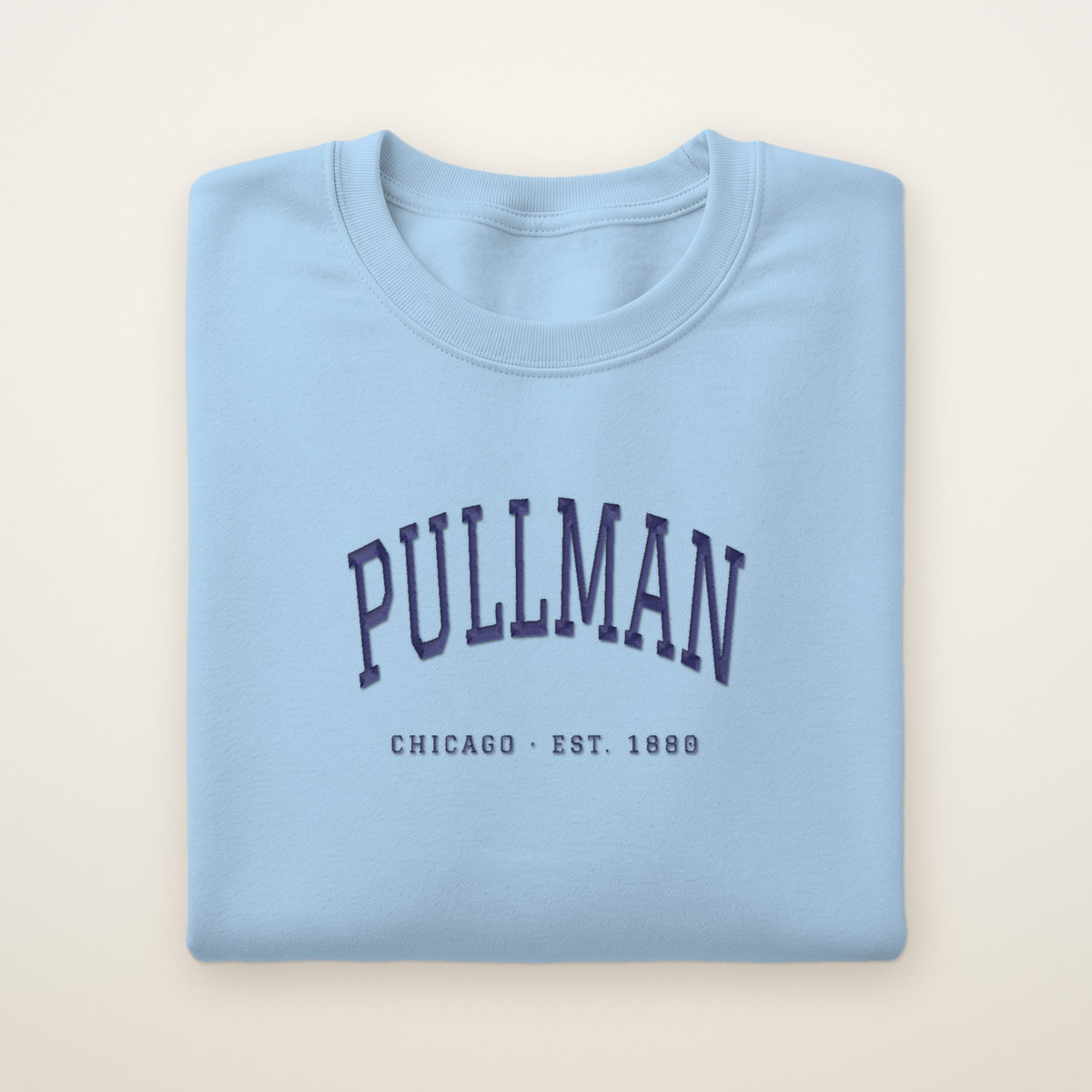 Pullman Chicago Embroidered Crewneck — Navy Thread on Light Blue