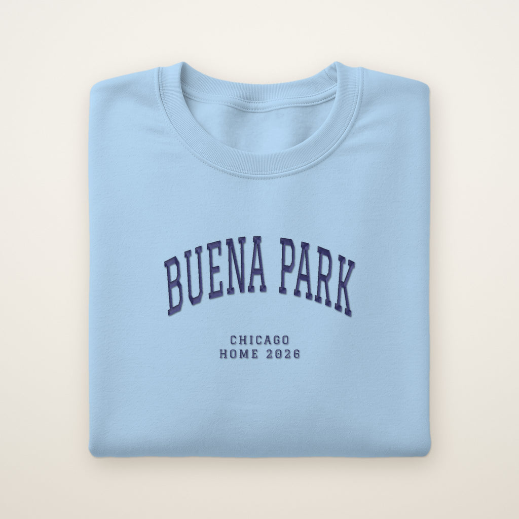 Buena Park Chicago Home 2026 Embroidered Crewneck — Navy Thread on Light Blue