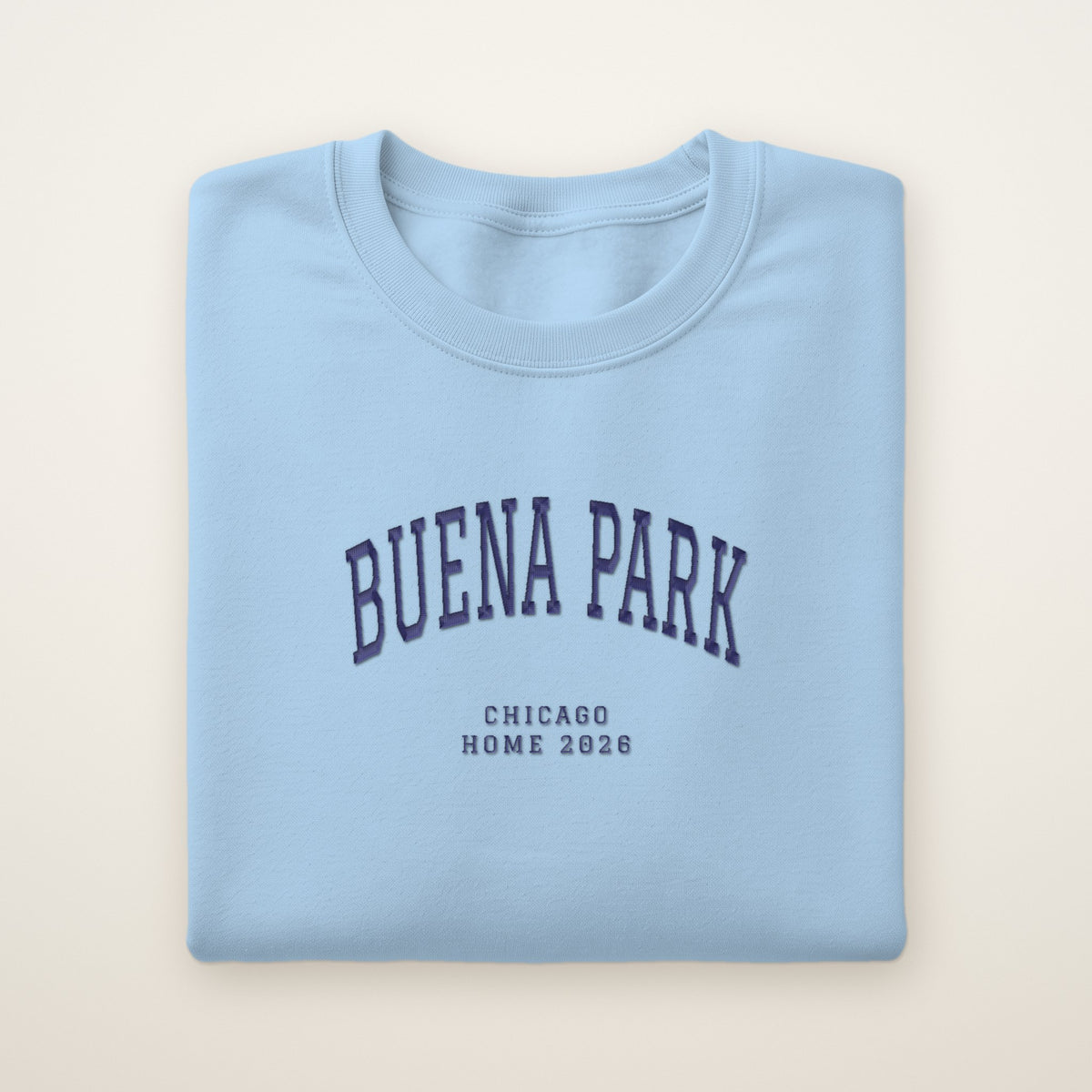 Buena Park Chicago Home 2026 Embroidered Crewneck — Navy Thread on Light Blue