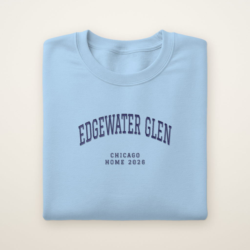 Edgewater Glen Chicago Home 2026 Embroidered Crewneck — Navy Thread on Light Blue