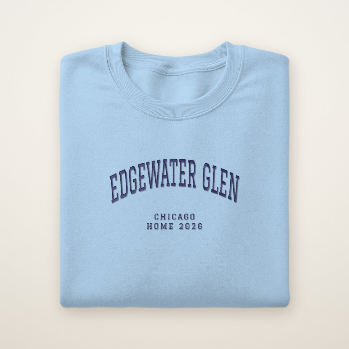 Edgewater Glen Chicago Home 2026 Embroidered Crewneck — Navy Thread on Light Blue