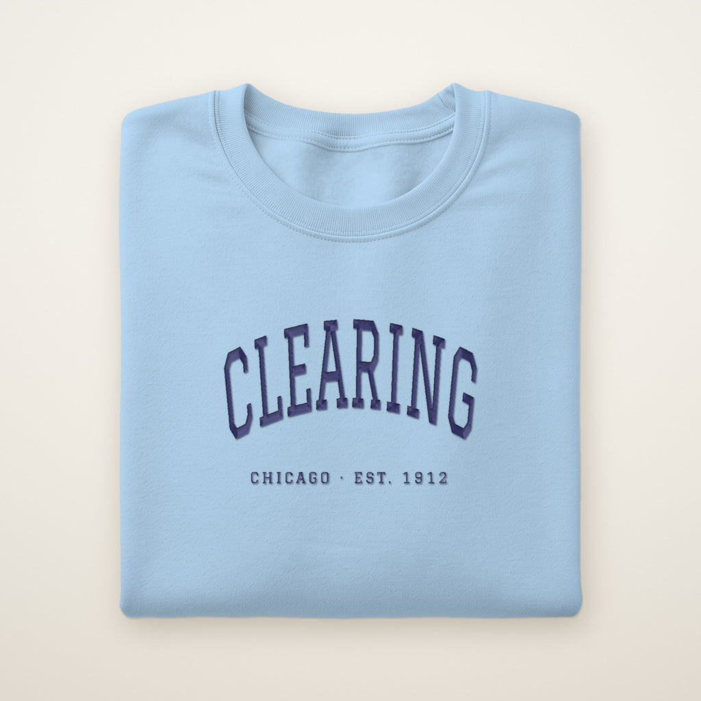 Clearing Chicago Embroidered Crewneck — Navy Thread on Light Blue