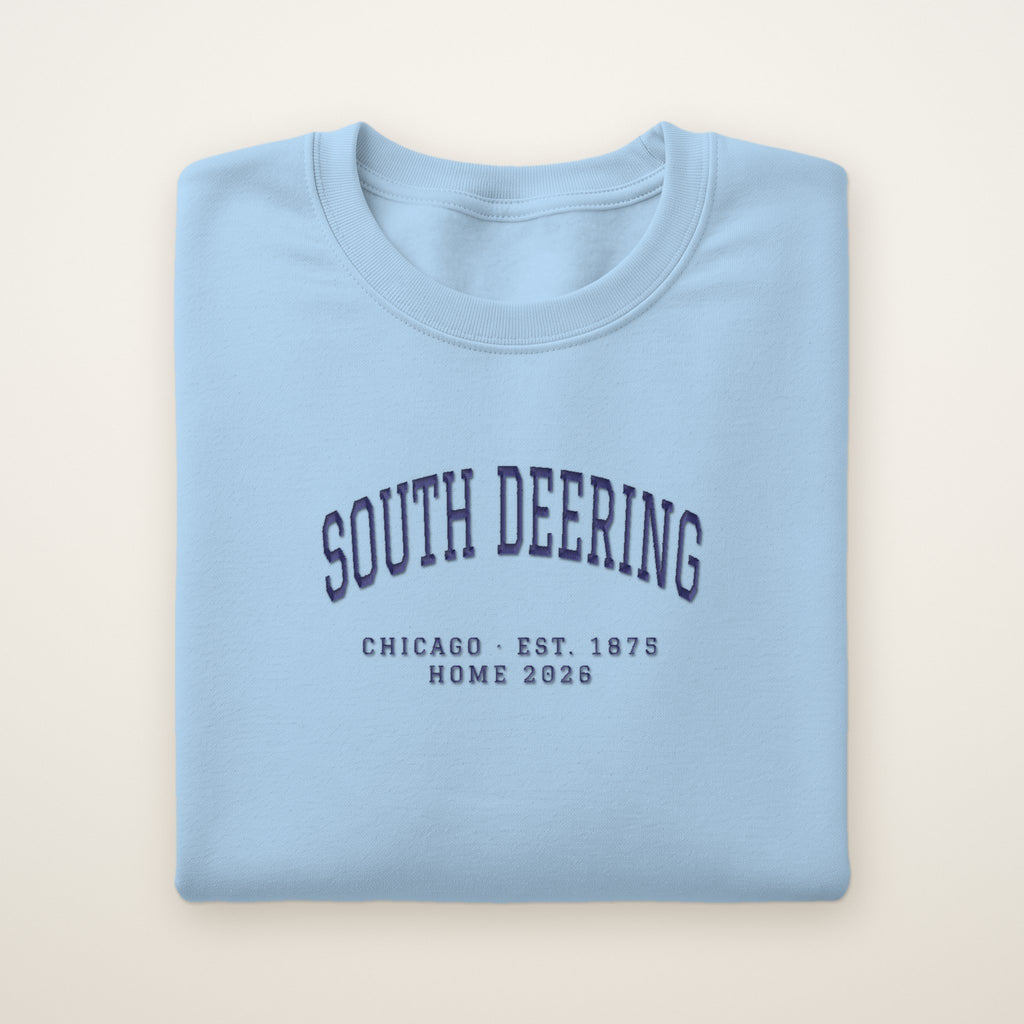 South Deering Chicago Home 2026 Embroidered Crewneck — Navy Thread on Light Blue