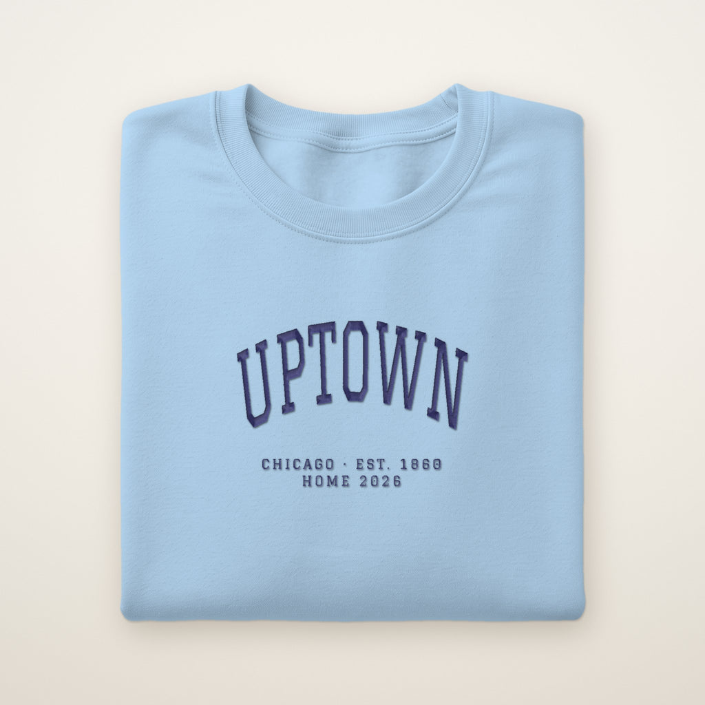 Uptown Chicago Home 2026 Embroidered Crewneck — Navy Thread on Light Blue