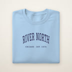 River North Chicago Embroidered Crewneck — Navy Thread on Light Blue