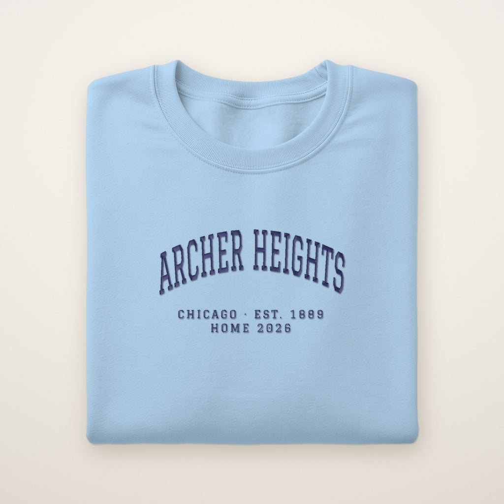 Archer Heights Chicago Home 2026 Embroidered Crewneck — Navy Thread on Light Blue