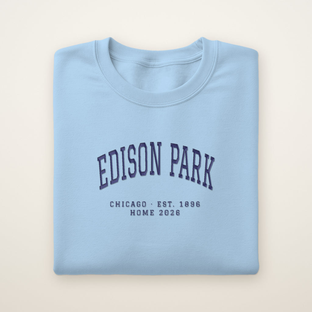 Edison Park Chicago Home 2026 Embroidered Crewneck — Navy Thread on Light Blue
