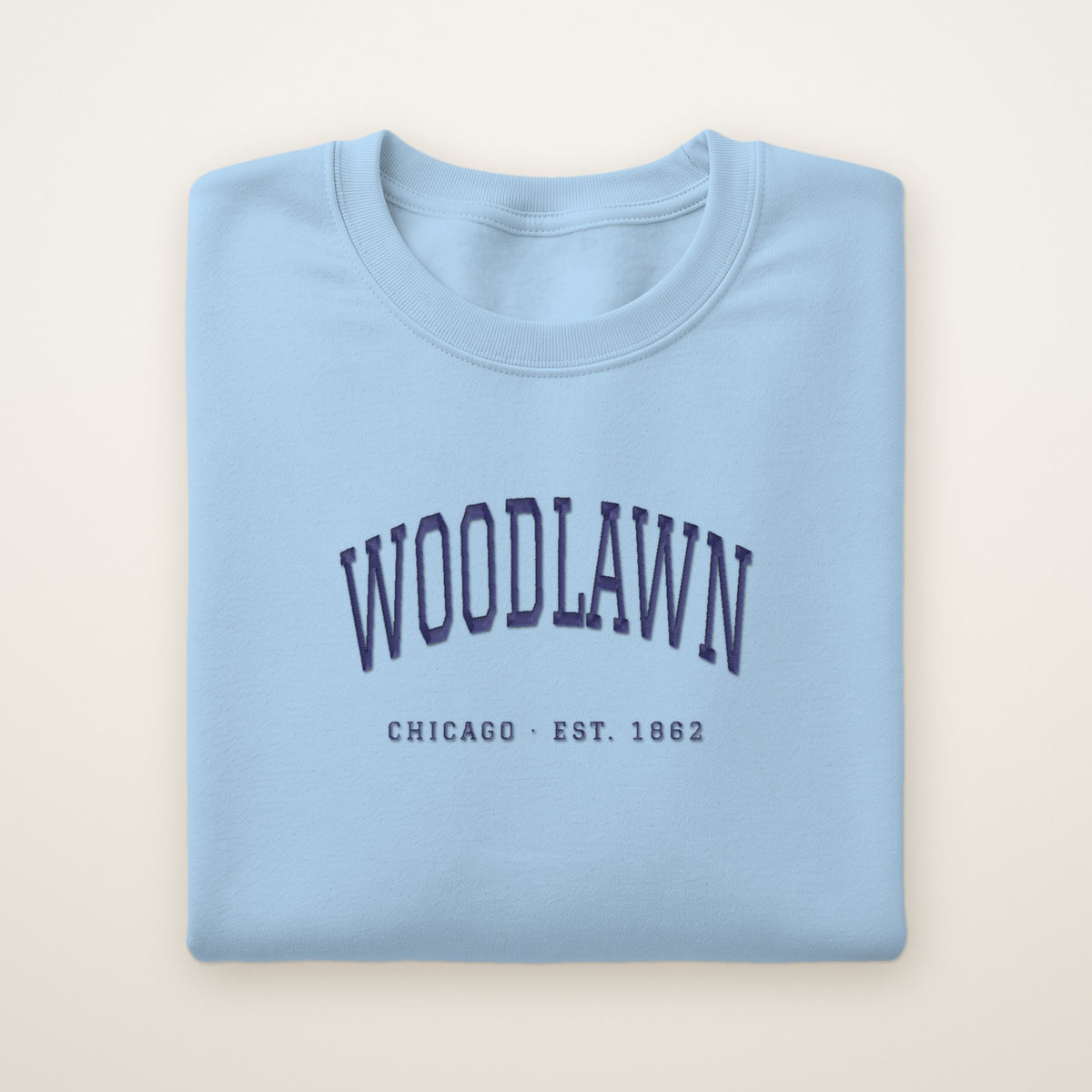 Woodlawn Chicago Embroidered Crewneck — Navy Thread on Light Blue