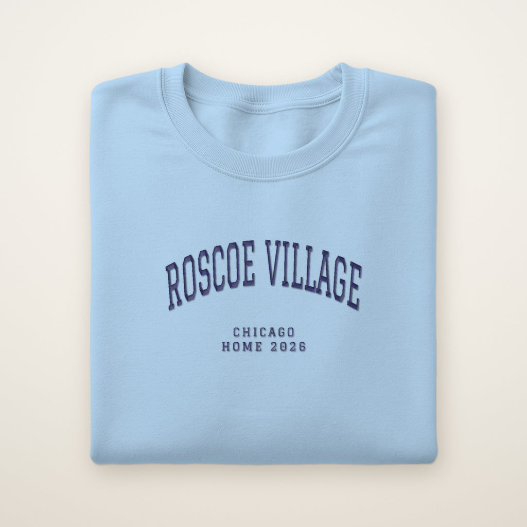Roscoe Village Chicago Home 2026 Embroidered Crewneck — Navy Thread on Light Blue