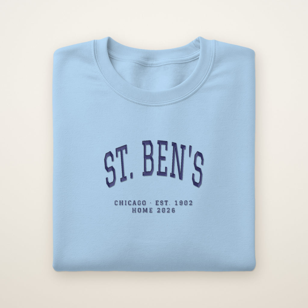 St. Ben's Chicago Home 2026 Embroidered Crewneck — Navy Thread on Light Blue