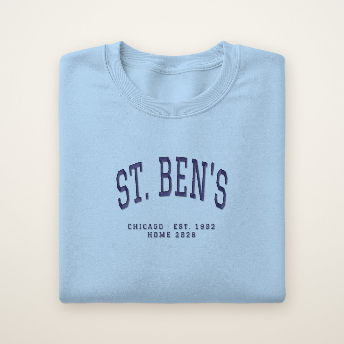St. Ben's Chicago Home 2026 Embroidered Crewneck — Navy Thread on Light Blue