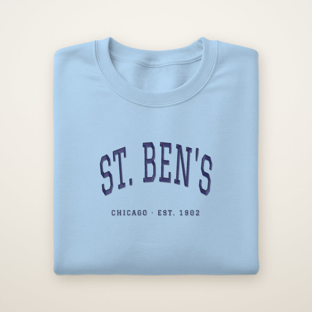St. Ben's Chicago Embroidered Crewneck — Navy Thread on Light Blue