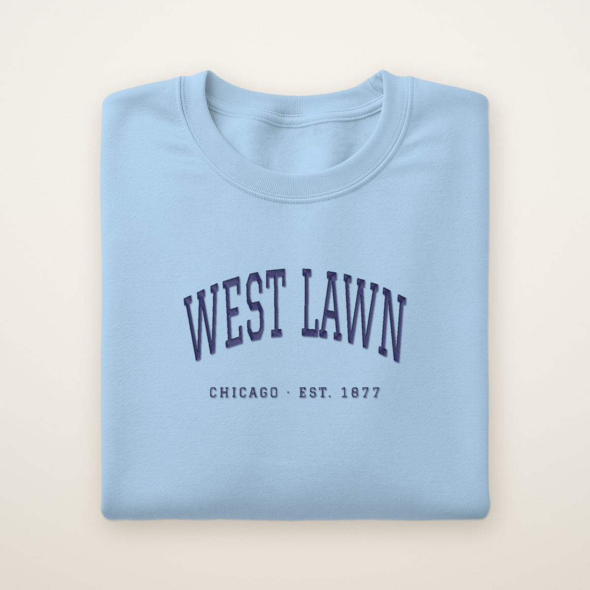 West Lawn Chicago Embroidered Crewneck — Navy Thread on Light Blue