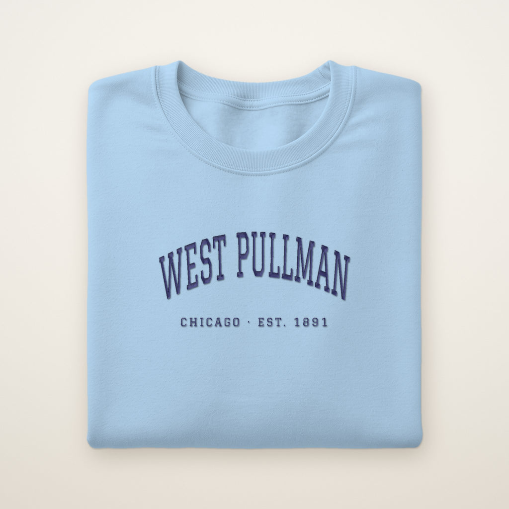 West Pullman Chicago Embroidered Crewneck — Navy Thread on Light Blue