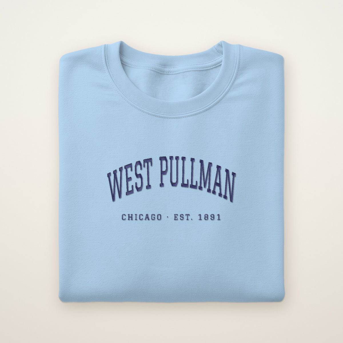 West Pullman Chicago Embroidered Crewneck — Navy Thread on Light Blue