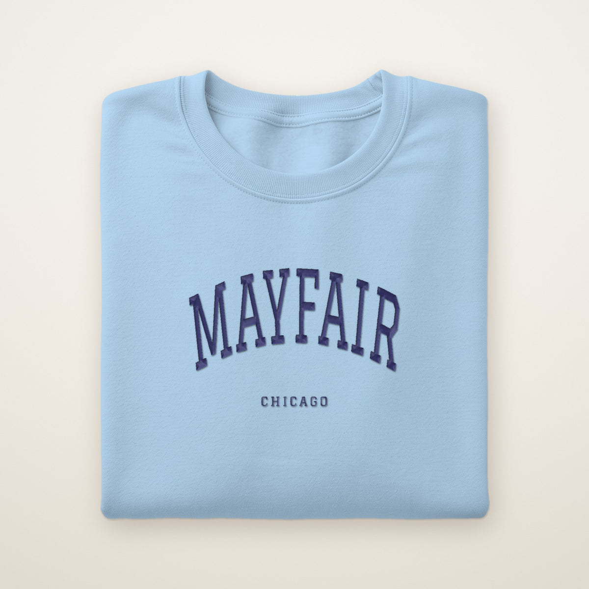Mayfair Chicago Embroidered Crewneck — Navy Thread on Light Blue