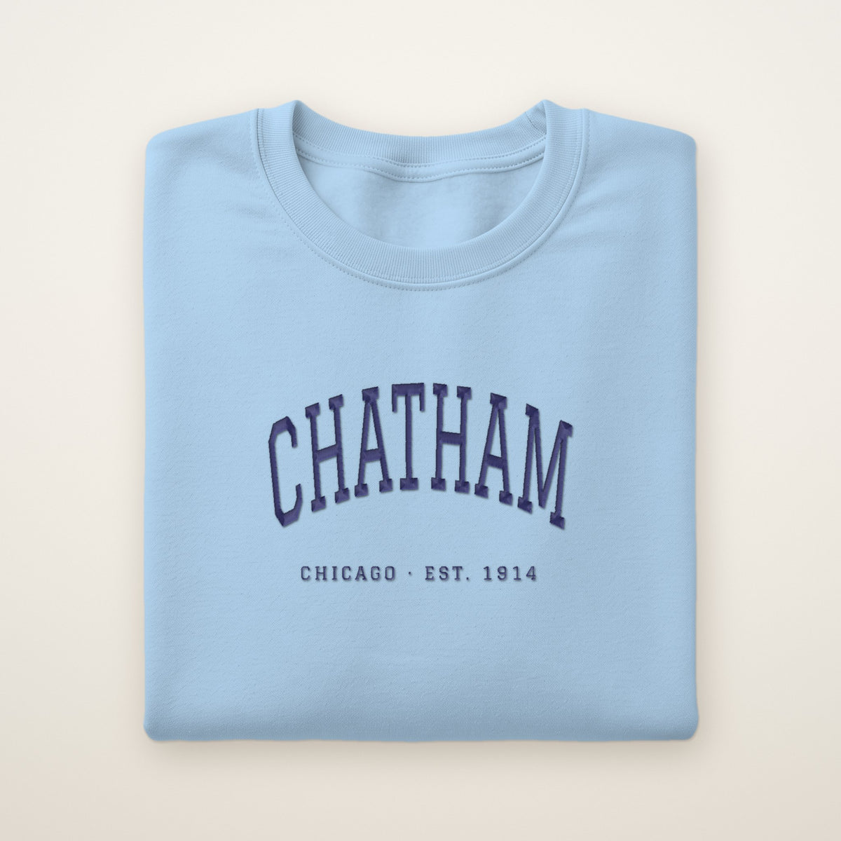 Chatham Chicago Embroidered Crewneck — Navy Thread on Light Blue
