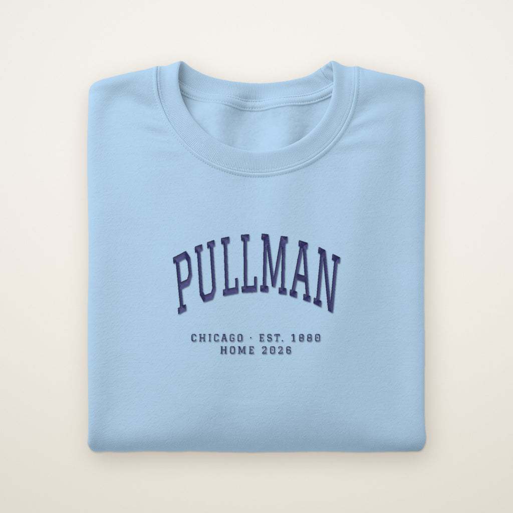 Pullman Chicago Home 2026 Embroidered Crewneck — Navy Thread on Light Blue