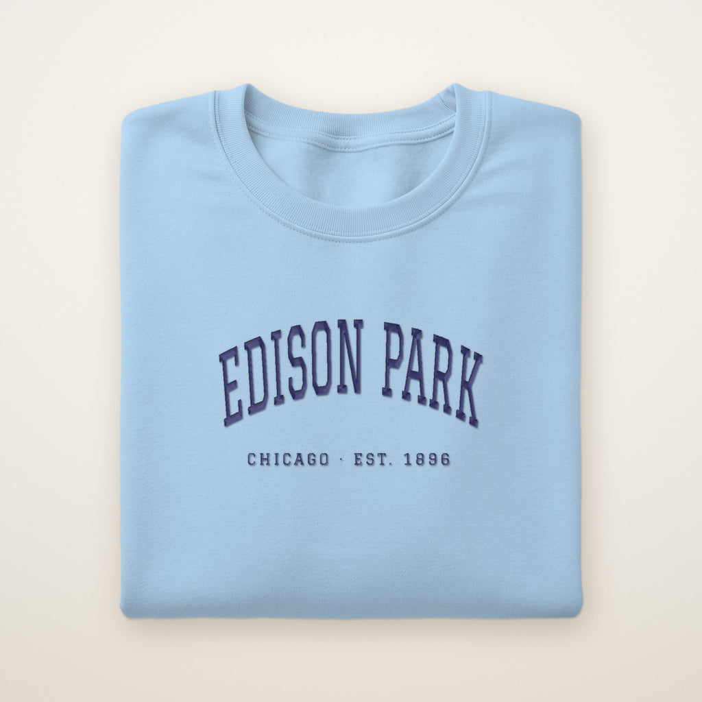 Edison Park Chicago Embroidered Crewneck — Navy Thread on Light Blue